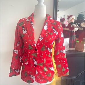 Christmas Jacket Blazer 2 Button Lined Pockets Christmas Tree Snowman Red